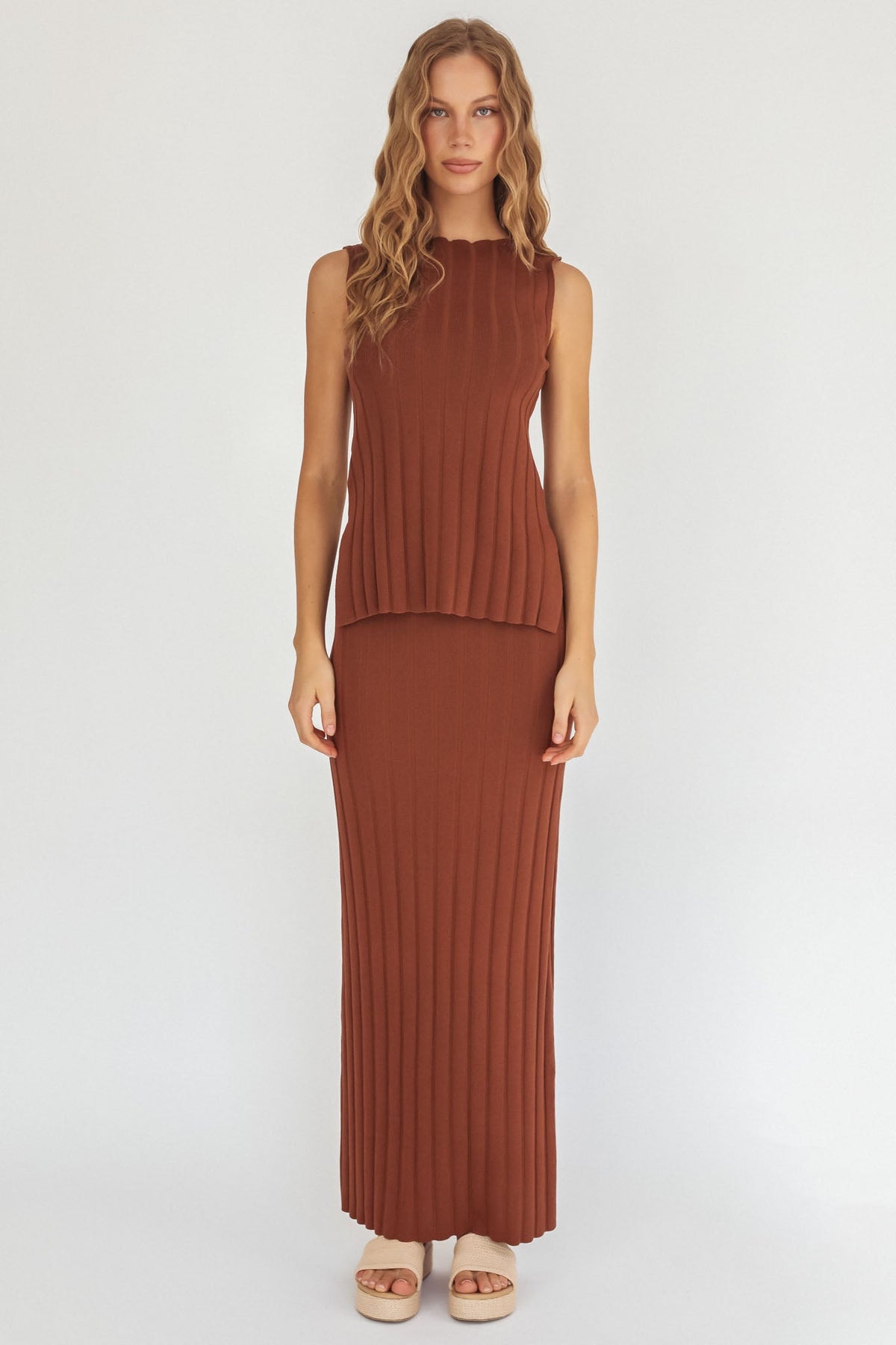 Kimora Ribbed Knit Maxi Skirt Brown