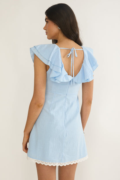 Unpredictable Layered Ruffle Neckline Mini Dress Blue