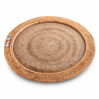 Anchor Round Serving Tray Hand Woven Wicker Rattan - Glass Insert 1