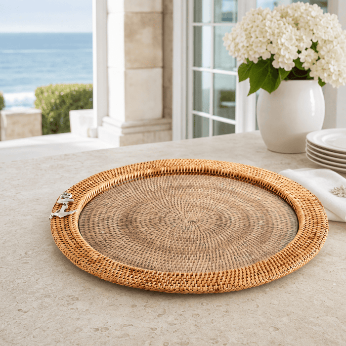 Anchor Round Serving Tray Hand Woven Wicker Rattan - Glass Insert 5