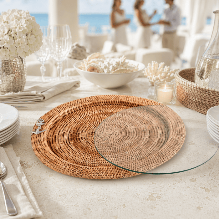 Anchor Round Serving Tray Hand Woven Wicker Rattan - Glass Insert 7