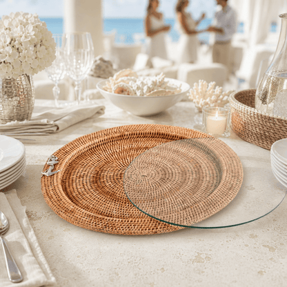 Anchor Round Serving Tray Hand Woven Wicker Rattan - Glass Insert 7