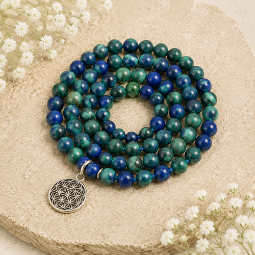 Azurite Malachite Beads Mala Bracelet, 108 Prayer Beads Necklace (Trauma and Calming)