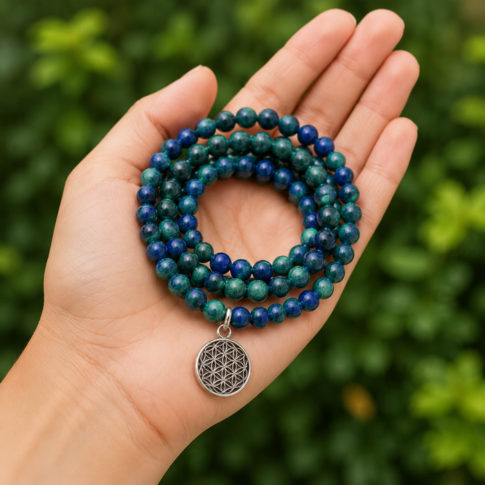Azurite Malachite Beads Mala Bracelet, 108 Prayer Beads Necklace (Trauma and Calming)