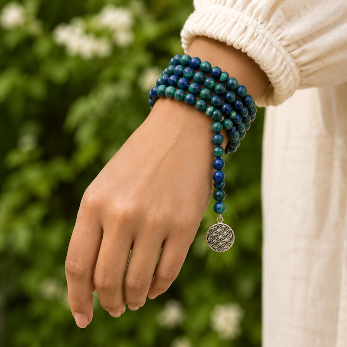 Azurite Malachite Beads Mala Bracelet, 108 Prayer Beads Necklace (Trauma and Calming)
