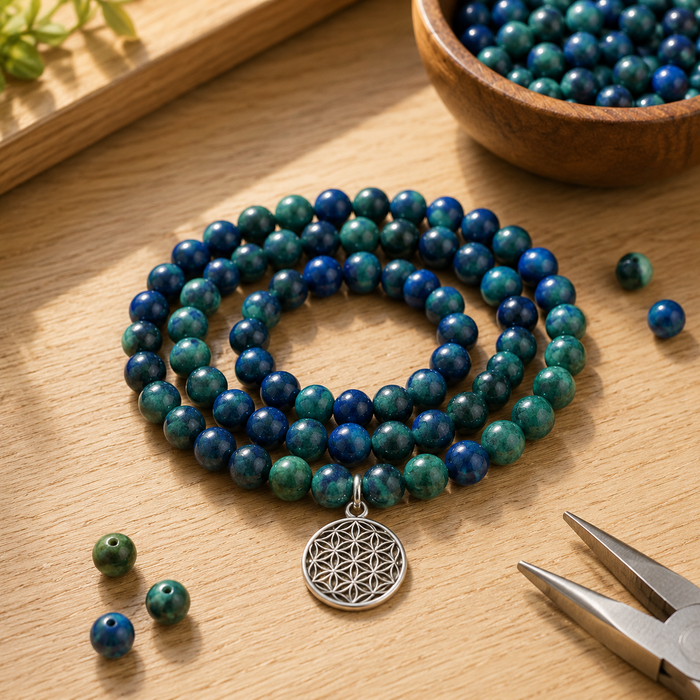 Azurite Malachite Beads Mala Bracelet, 108 Prayer Beads Necklace (Trauma and Calming)