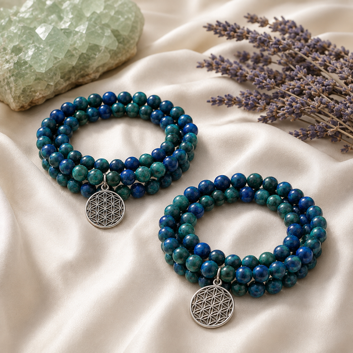 Azurite Malachite Beads Mala Bracelet, 108 Prayer Beads Necklace (Trauma and Calming)
