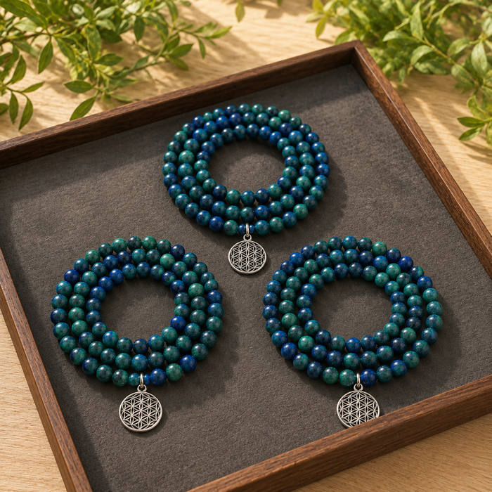 Azurite Malachite Beads Mala Bracelet, 108 Prayer Beads Necklace (Trauma and Calming)