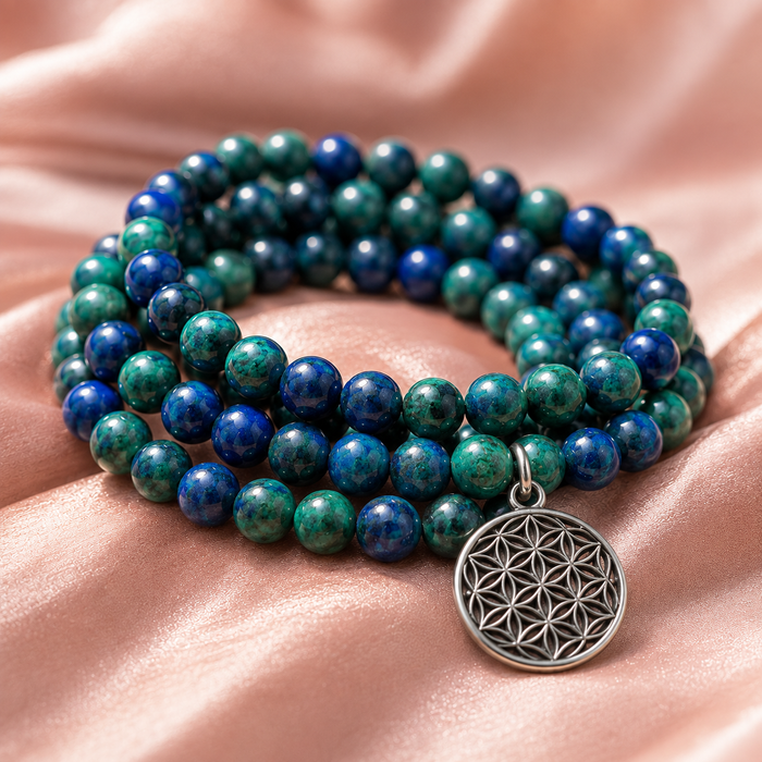 Azurite Malachite Beads Mala Bracelet, 108 Prayer Beads Necklace (Trauma and Calming)