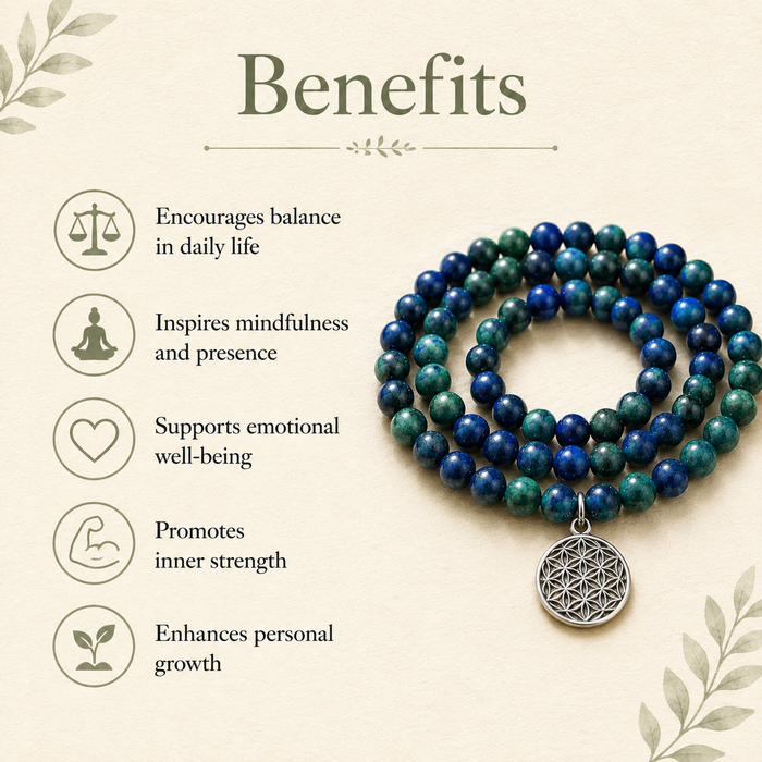 Azurite Malachite Beads Mala Bracelet, 108 Prayer Beads Necklace (Trauma and Calming)