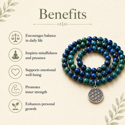 Azurite Malachite Beads Mala Bracelet, 108 Prayer Beads Necklace (Trauma and Calming)