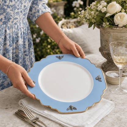 Bee Bone China Dinner Plate Blue with Gold Rim 4