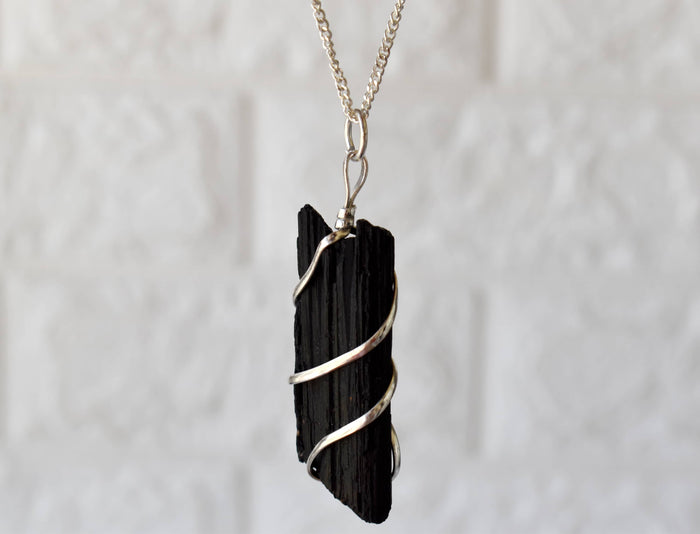 Black Tourmaline Raw Gemstone Pendant, Wire Wrapped Crystal Stone Pendant