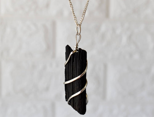 Black Tourmaline Raw Gemstone Pendant, Wire Wrapped Crystal Stone Pendant