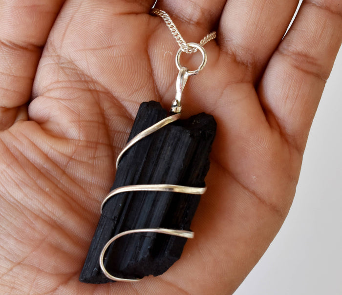 Black Tourmaline Raw Gemstone Pendant, Wire Wrapped Crystal Stone Pendant