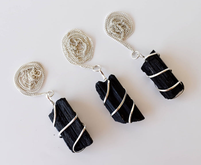 Black Tourmaline Raw Gemstone Pendant, Wire Wrapped Crystal Stone Pendant