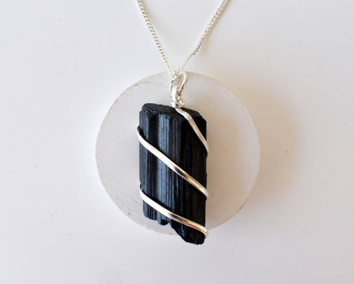 Black Tourmaline Raw Gemstone Pendant, Wire Wrapped Crystal Stone Pendant