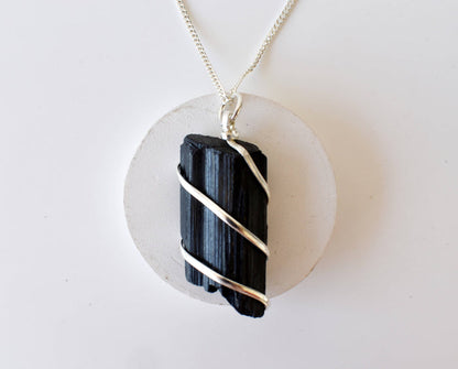 Black Tourmaline Raw Gemstone Pendant, Wire Wrapped Crystal Stone Pendant