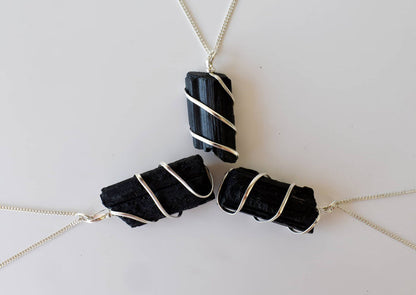Black Tourmaline Raw Gemstone Pendant, Wire Wrapped Crystal Stone Pendant