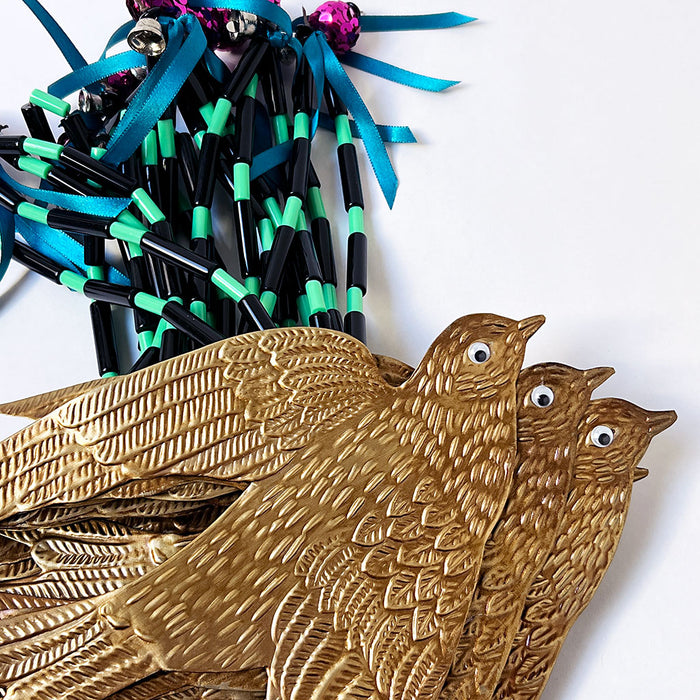 Brass Flying Swallow with Beads & Ribbon Wall Art