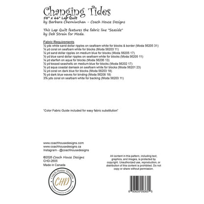 This page contains information about a lap quilt sewing pattern titled 'Changing Tides' by Coach House Designs. It includes specifications and yardage requirements from the fabric collection 'Seaside' by Deb Strain for Moda.
