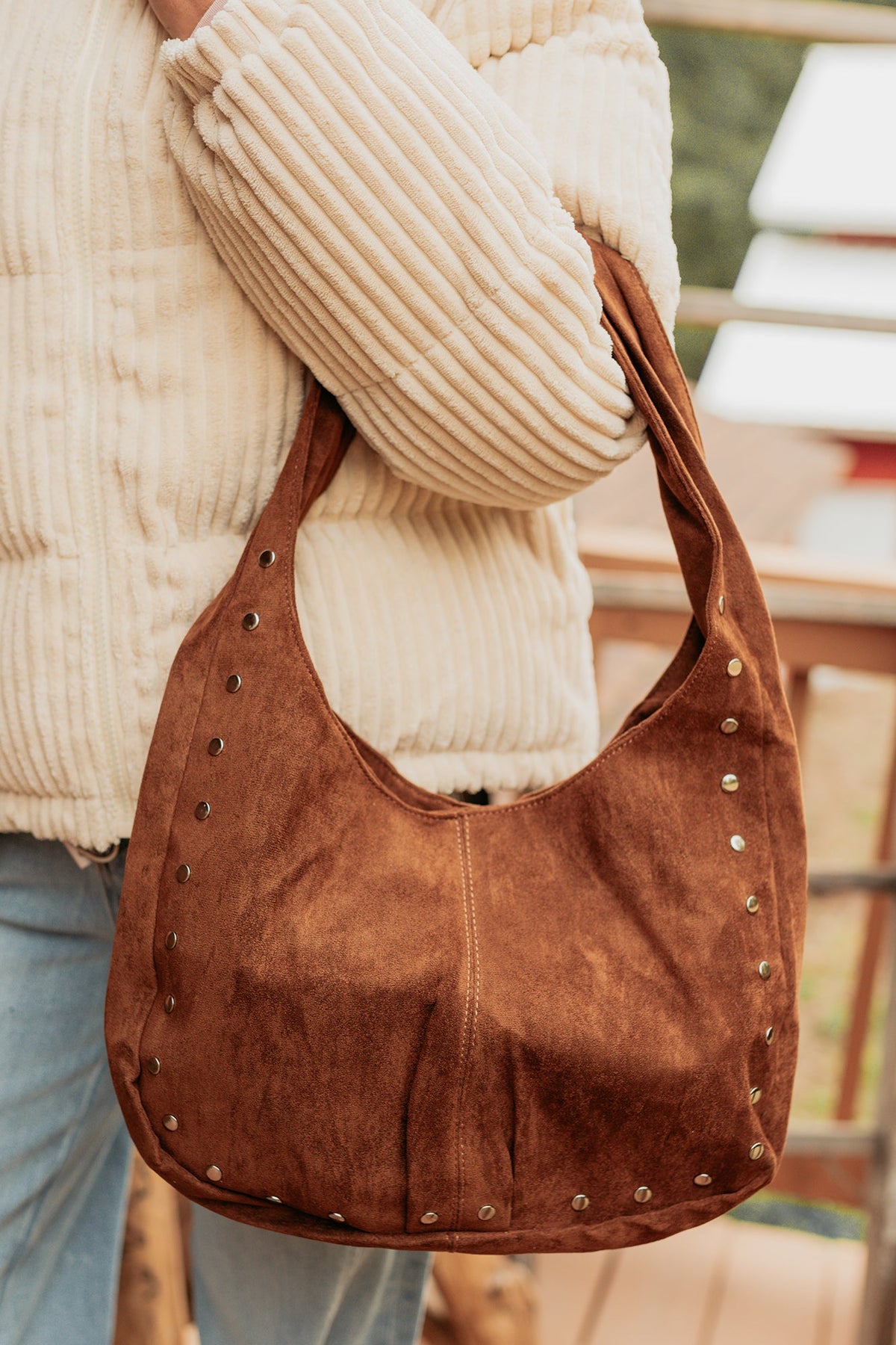 Chic Instinct Faux Suede Studded Handbag (Light Brown)
