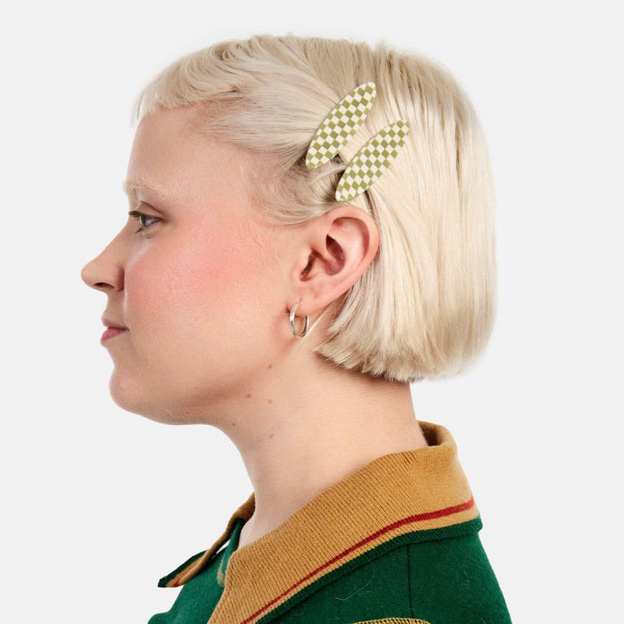 Chunks Oval Hair Clips in Olive Check