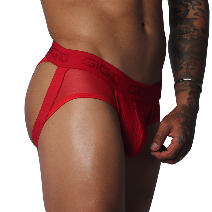 Evocative Red Jock Thong vista frontal de Gigo Underwear
