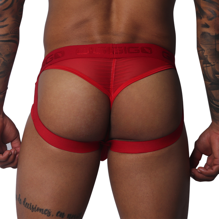 Evocative Red Jock Thong vista posterior de Gigo Underwear
