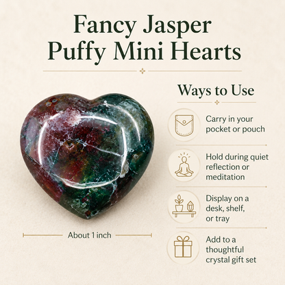 Fancy jasper Heart Crystal, Puffy Mini 1 Inch Pocket Crystal Heart