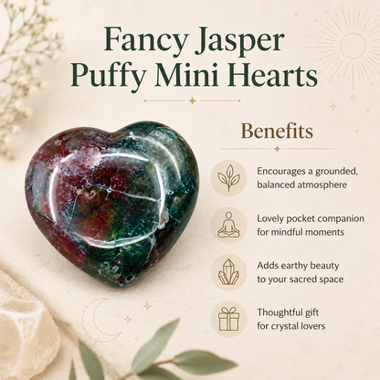 Fancy jasper Heart Crystal, Puffy Mini 1 Inch Pocket Crystal Heart