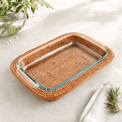 Hand Woven Rattan 3qt Rectangular Casserole Holder 3
