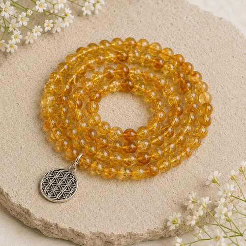 Heated Citrine Beads Mala Bracelet, 108 Prayer Beads Necklace (Prosperity and Success)