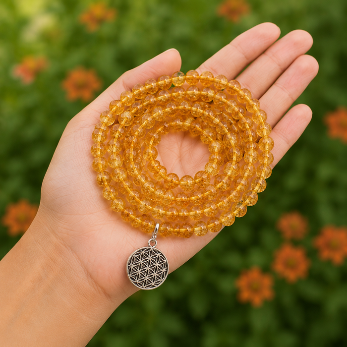 Heated Citrine Beads Mala Bracelet, 108 Prayer Beads Necklace (Prosperity and Success)