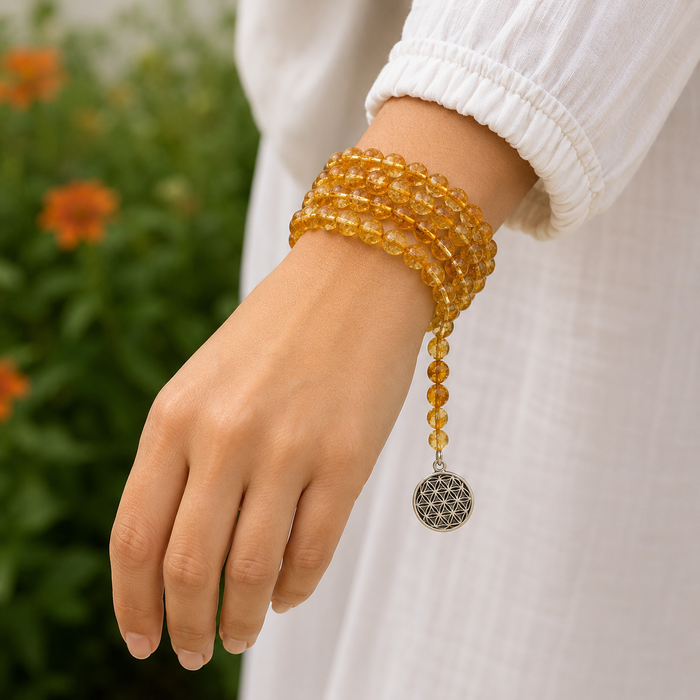 Heated Citrine Beads Mala Bracelet, 108 Prayer Beads Necklace (Prosperity and Success)