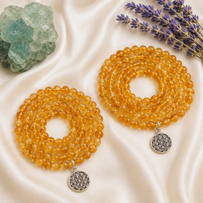 Heated Citrine Beads Mala Bracelet, 108 Prayer Beads Necklace (Prosperity and Success)