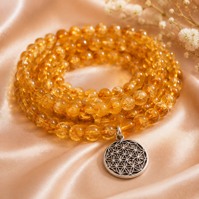 Heated Citrine Beads Mala Bracelet, 108 Prayer Beads Necklace (Prosperity and Success)