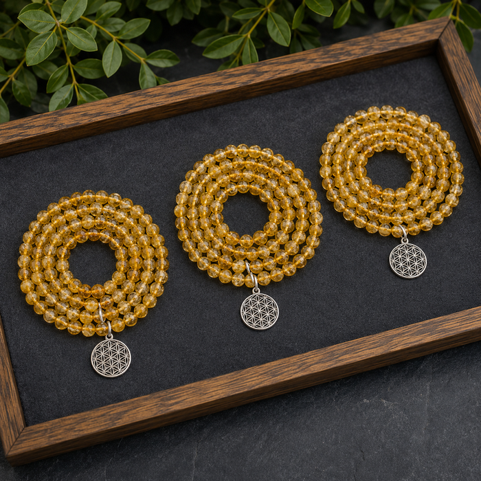 Heated Citrine Beads Mala Bracelet, 108 Prayer Beads Necklace (Prosperity and Success)