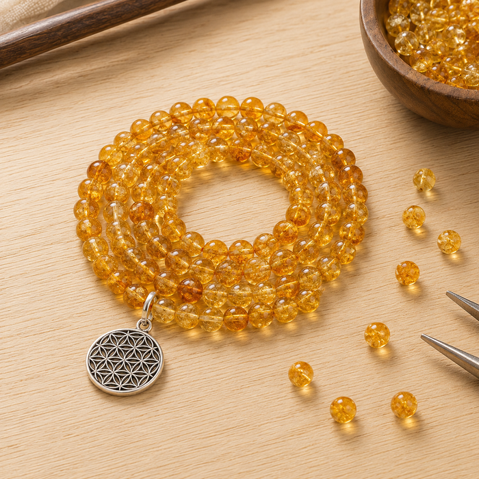 Heated Citrine Beads Mala Bracelet, 108 Prayer Beads Necklace (Prosperity and Success)