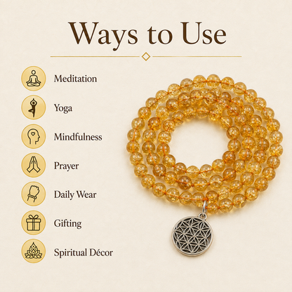 Heated Citrine Beads Mala Bracelet, 108 Prayer Beads Necklace (Prosperity and Success)