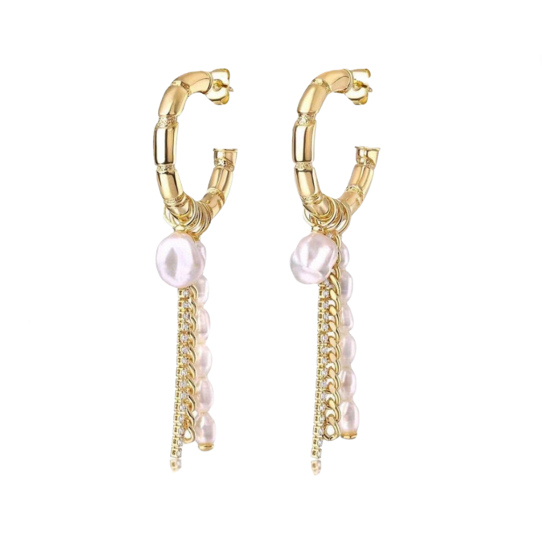 Skeletal C-Shaped Pearl And Chain Dangle Earrings