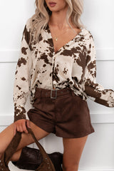 Dirt Road Darling Cow Print Satin Blouse (Brown)
