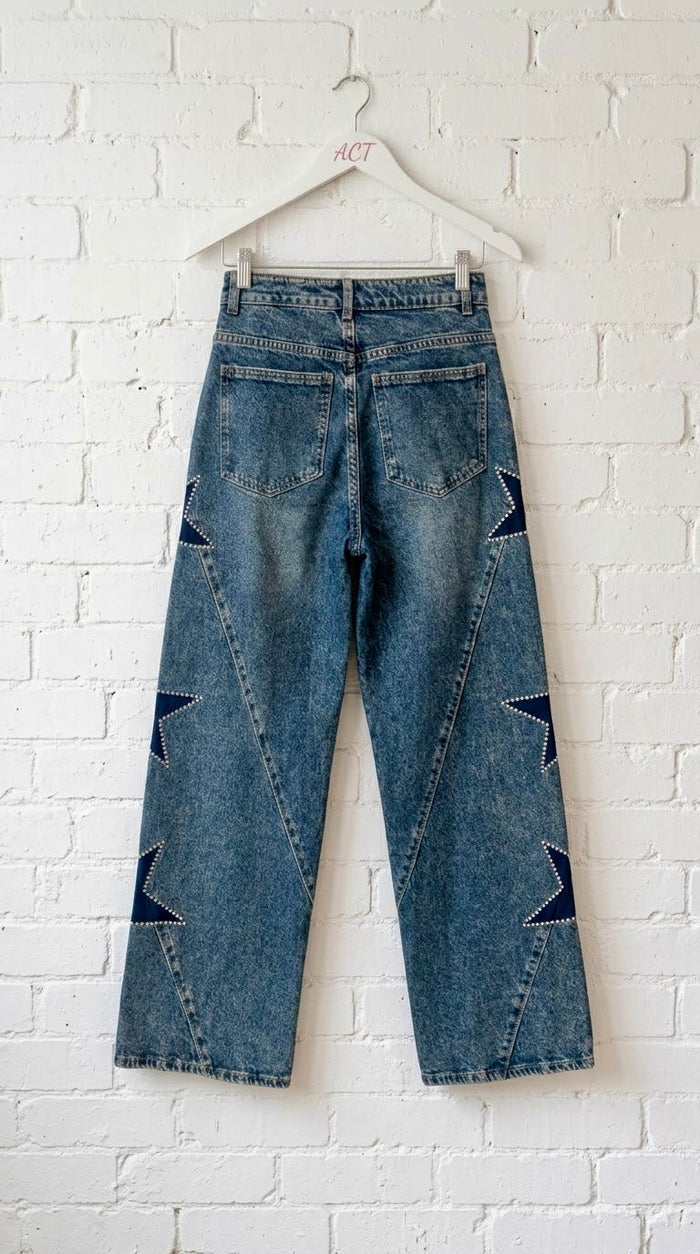 Jeans Wide Leg con Estrellas de Strass