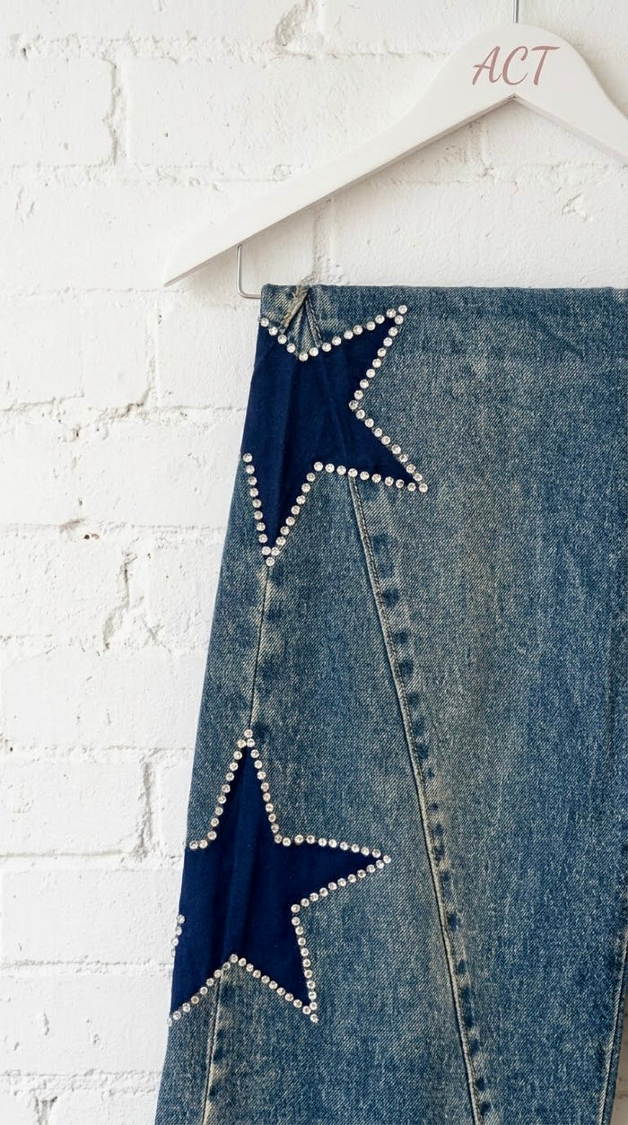 Jeans Wide Leg con Estrellas de Strass