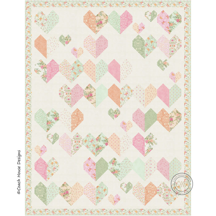 Close up digital image of lap quilt design with 35 large heart-shaped blocks and 10 smaller hearts in pastel floral fabrics on a cream background.