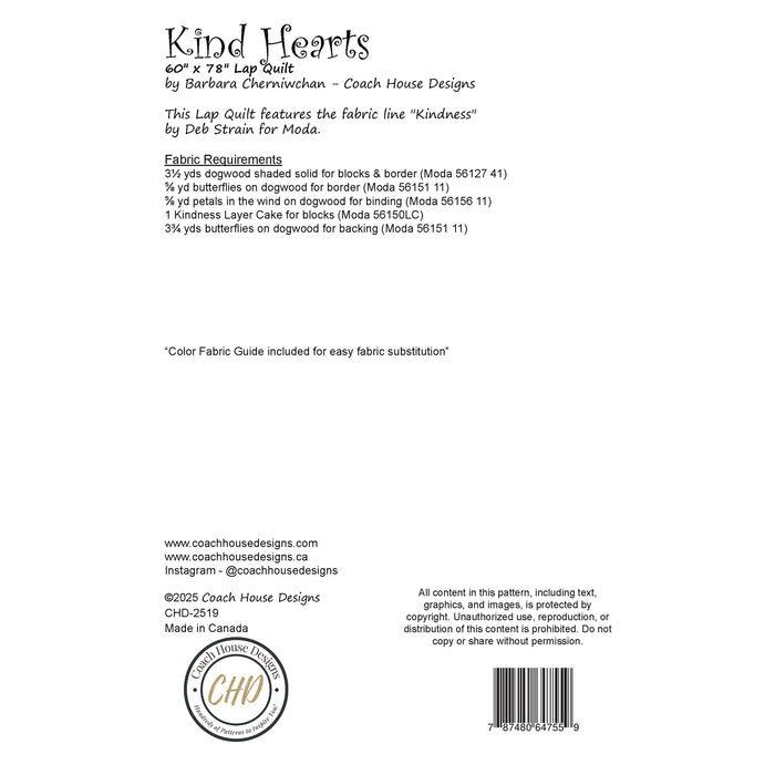 Textual information about a lap quilt sewing pattern titled 'Kind Hearts' by Coach House Designs. This page contains information about the design specifications and fabric requirements to make the quilt.