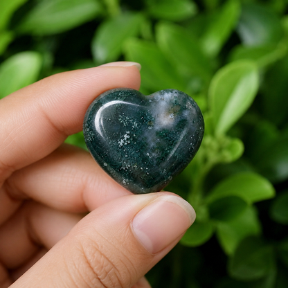 Moss Agate Heart Crystal, Puffy Mini 1 Inch Pocket Crystal Heart.