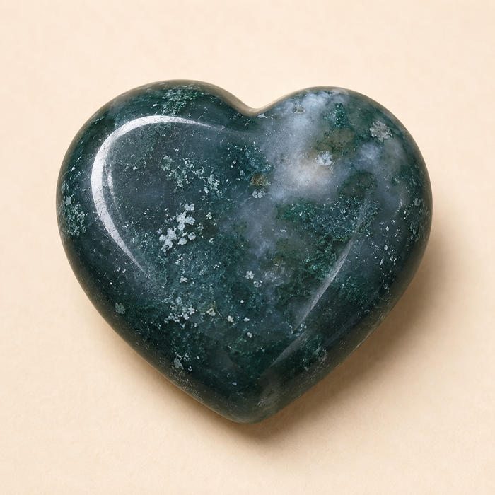 Moss Agate Heart Crystal, Puffy Mini 1 Inch Pocket Crystal Heart.