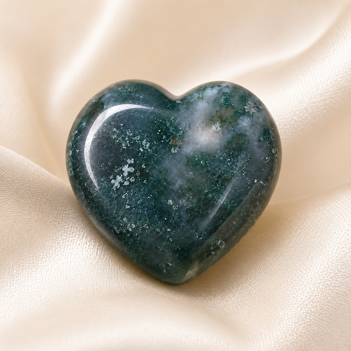 Moss Agate Heart Crystal, Puffy Mini 1 Inch Pocket Crystal Heart.