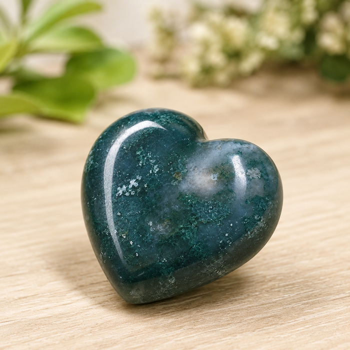 Moss Agate Heart Crystal, Puffy Mini 1 Inch Pocket Crystal Heart.